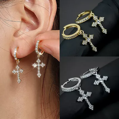 Cross Hoop Earrings Cubic Zirconia Hinged Dangler Gold Silver For Women Men Gift • £1.59