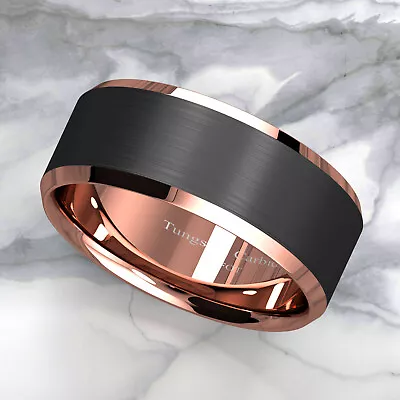 VBFOT Men Tungsten Carbide Ring Brushed Black Rose Gold Edge Plated Wedding Band • $10.09