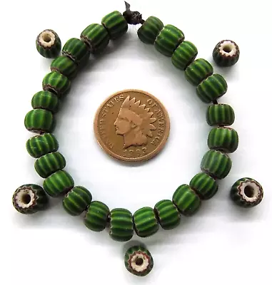 25 Antique Green Chevron African Trade Beads Venetian    W91   # 1888 • $23