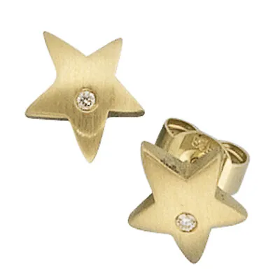 JOBO Earrings Star 585 Gold Yellow Gold Matte 2 Diamonds Brilliant Earrings • $505.49