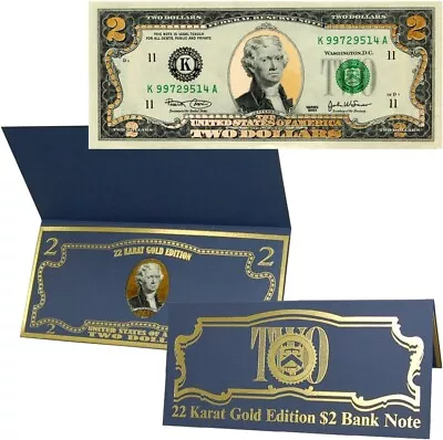 22k Gold Layered Uncirculated Two Dollar Bill Special Edition Collectible • $50.25