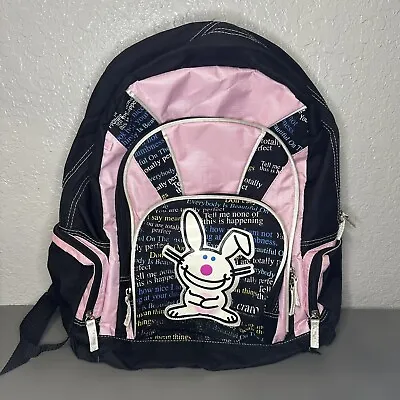 It’s Happy Bunny Large Backpack Jim Benson Y2K Vintage Black Pink 5 Pocket • $59.99