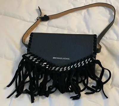 MICHAEL KORS Black Leather Suede Fringe Belt Bag Purse-S/M-NEW • $69