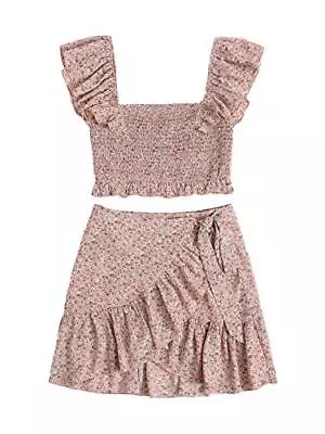 MakeMeChic Womens Two Piece Ruffle Trim Cami Crop Top And Wrap Skirt Set A Pink • $7.99