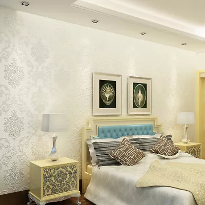 10M Elegant Luxury Damask Embossed Flock Textured Non-woven Wallpaper Roll • £25.19