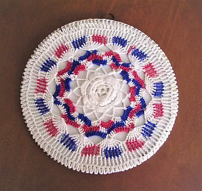 Vintage Stove Chimney Pipe Flue Cover Crocheted Red White & Blue W/ Wall Hanger  • $9.75