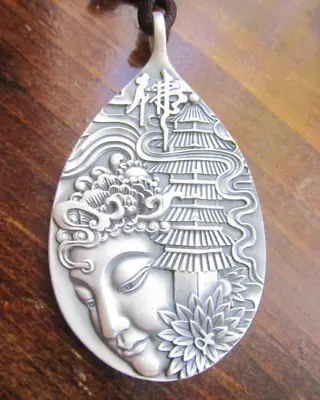 Quan Yin Pagoda Matte .999 Sterling Silver Buddhist Deity Pendant Jewelry • $100