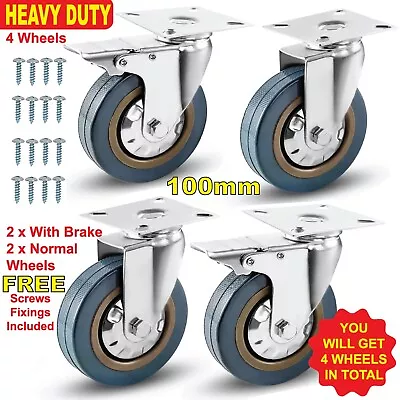 £15.99 • Buy 4x Castor Wheels Large 100mm, 600KG Heavy Duty Rubber Swivel Furniture Casters