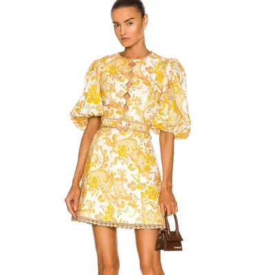 ZIMMERMANN 3 / AU 14 /US 10 Linen Postcard Mini Dress Swirl Floral Yellow Belted • $850