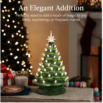 Ceramic Christmas Tree- Large Green Tabletop Tree With White Lights -15.5  • $55.69