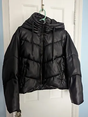 Zara Faux Leather Puffer Coat Black Hooded High Collar Zip Women’s X-small XS • $50
