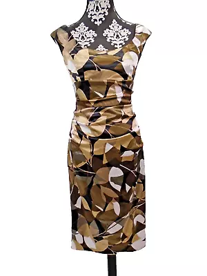 Vtg Maggy L Sz 4 Polyester Stretch Satin Sheath Dress Black Tan Multi Leaves • $21.99