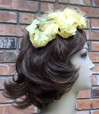 Antique Yellow Velvet Ladies Hat Fluffy Yellow Flowers & Veil • $17.99