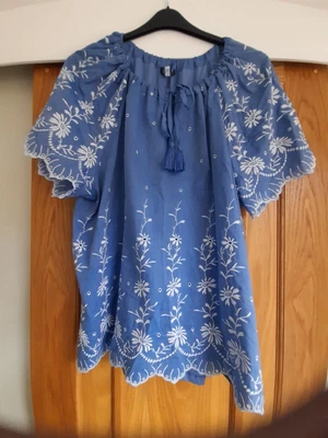 £5.50 • Buy Next Size 20 Denim Blue Cotton Broderie Anglaise Tunic Top Short Sleeves