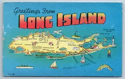 Map Greetings From Long Island New York Montauk Patchogue Hamptons Postcard J1K • $13.96