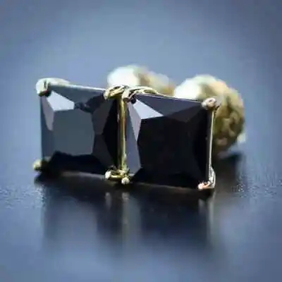 Men's 14K Gold Plated Black Sapphire Princess Cut Stud Earrings Surprise Gift • $30