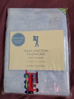 New  Pottery Barn Kids TRAIN JUNCTION Blue  PILLOWCASE  Dog  Cotton Percale • $22