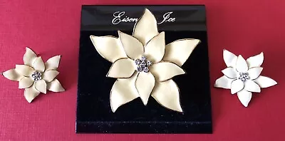Vintage Eisenberg Ice Christmas Poinsettia Cream Enamel Pin Brooch & Earring Set • $28.99