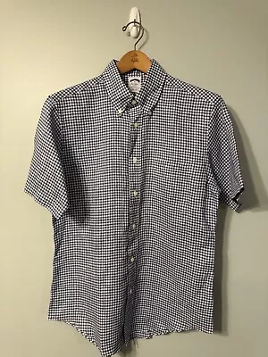 NWOT Brooks Brothers Short Sleeve Shirt Medium Regent Linen Dark Blue Gingham • $25