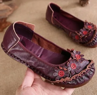 £25.18 • Buy Womens Ethnic Chinese Style Handmade Cowhide Flower Pull On Shoes Soft Loafers