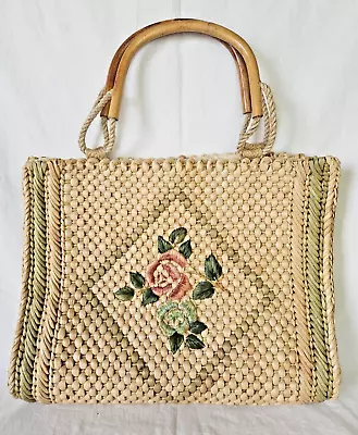Vintage Italian Rafi Tote Crewel Embroidered Straw Handbag • $35