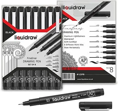 £8.99 • Buy Drawing Pens Set Of 8 Black Fineliners Waterproof Ink Technical Fineliner Brush