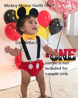 Cake Smash 1st Birthday Outfit Cover Bowtie Black Suspenders Mouse Ears 9-18 • $15.95