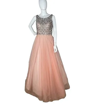 Glamour Terani Couture Sz 6 Beaded Rhinestone Tulle Maxi Gown Dress Blush Pink • £130.28