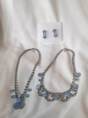 2 Vintage Ice Blue Rhinestone Moonstone Glass Necklaces Earrings   • $29.99