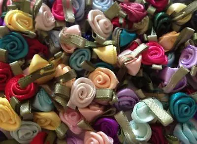 Small Mini Satin Ribbon Rose Buds Flowers With Satin Green Leaves Applique Craft • £2.99