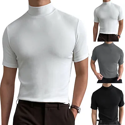 £16.78 • Buy Men Summer Solid T Shirt Blouse High Collar Turtleneck Short Sleeve Tops Shirt
