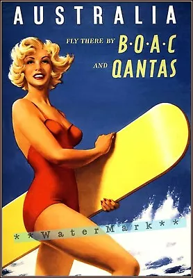  Australia 1950 Surfing Woman British Australian Air Vintage Poster Print Art • $28.59