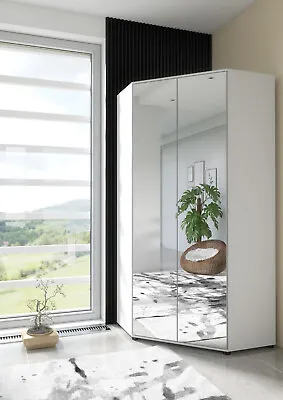 Cellini Alpine White And Mirrored 2 Door Corner Bedroom Wardrobe With Shelves • £479