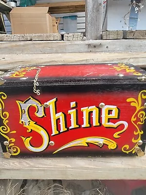 Vintage Shoe Shine Box Wood & Metal   5 Cent SHINE   Circus Theme Lettering • $10