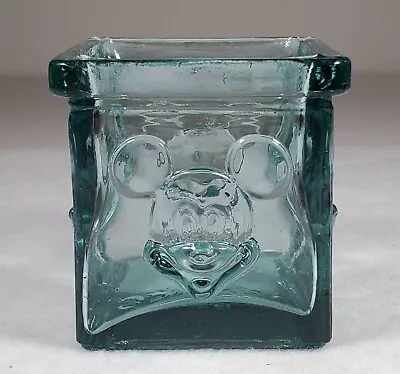 Disney Glass Relief Raised Mickey Mouse Blue Green Candle Holder Cube Mexico • $13.99