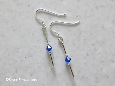 Slim Sterling Silver Tubes Earrings With Sapphire Blue Swarovski Crystals Gift • £12.70