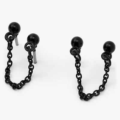 £6.99 • Buy 2 Black Double Ear Cartilage Lobe Stud Dangle Chain Earring For 2 Hole Piercing