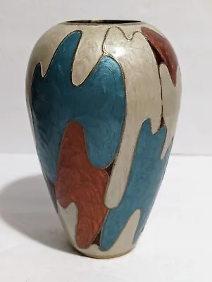 Vtg MCM Enamel On Brass 6  Vase - Teal Rust & Cream - Retro Atomic - Small Flaws • $42.50