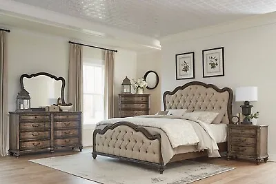 NEW Traditional 5pcs Brown Oak Bedroom Set W. King Or Queen Upholstered Bed IA4K • $3289.61