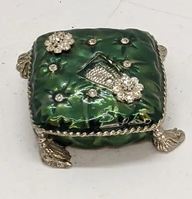 Vintage Green Enameled Jeweled Pillow Shaped Lined Trinket Box • $12