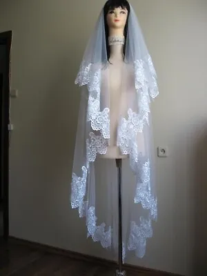 £50 • Buy White Long Double Veil Decorated With Silk Lace Pinned On A Comb