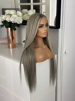 Balayage Ash Platinum Silver Grey Blonde Lace 26” 32” 100% Human Long Hair Wig • £339.99