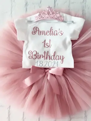 Girls 1st First Birthday Outfit Tutu Personalised Rose Gold Glitter Dusky DOB UK • £10.49