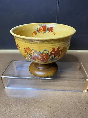 FTD Yellow Pedestal Planter Vase With Wood Base Red Floral Very Nice! Vintage • $15.99