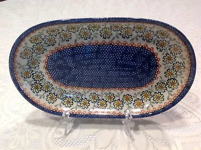 Handmade Poland Pottery Oval #33 Dish/Bowl Geometric Design Blue/Multicolored • $14.99