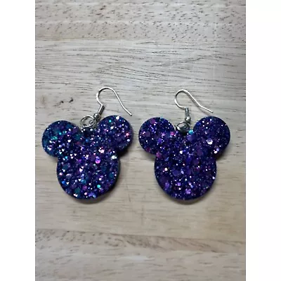 Mickey Mouse Purple Glitter Dangle Earrings • $8.46