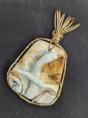 Bird Parrot Pendant Hand Carved Agate Quartz Artisan Created Brass Wire Jewelry • $42.34