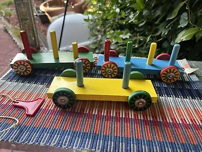 RARE Brio Vintage Wooden PULL TOY 1950s Train Circus 5 Block Stack Car Peg Hook • $40