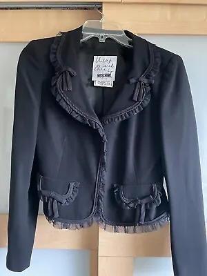 VTG Moschino Cheap And Chic Black Jacket & Skirt W/net Flowers Wool  Sz 40 / 6 • $350