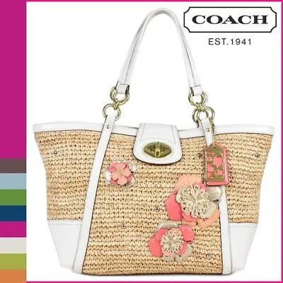 NWT Coach 19347 Hamptons Straw Tote Floral Coral Appliqué RARE • $398